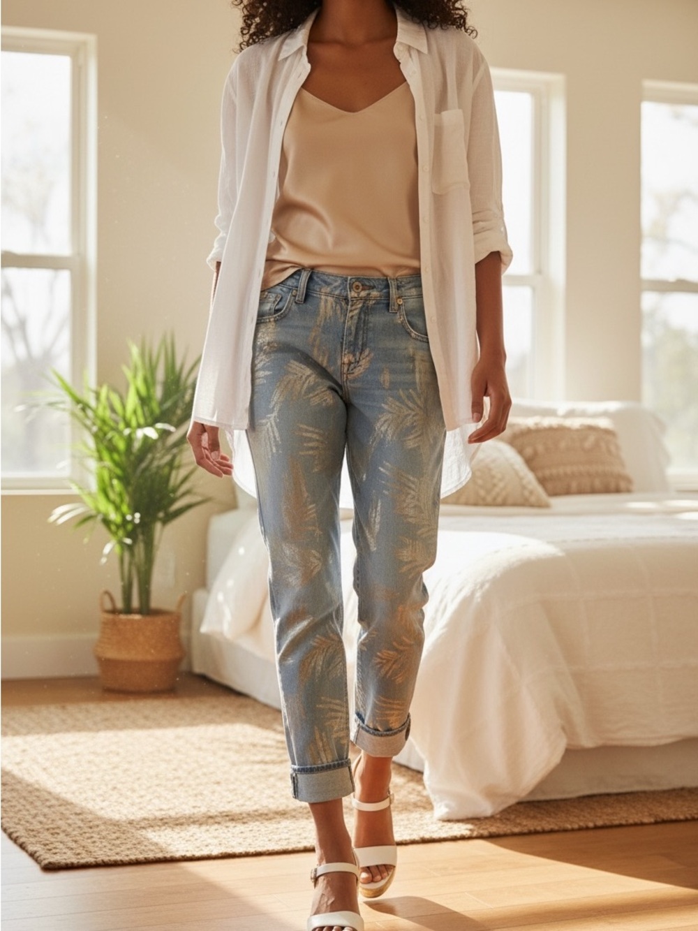 7 For All Mankind Metallic Palm Print Jeans Gold Foil Crop Denim 26